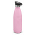 A drink bottle in pink with a push-button lid and stainless steel accents, featuring a brand logo.