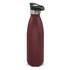 A drink bottle in burgundy with a push button lid and a stainless steel finish at the top, featuring a logo.