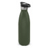 A drink bottle in matte dark green with a push button lid and a metallic accent at the top. It features a logo.