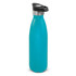 A drink bottle in a vibrant teal colour with a stainless steel top and a black push-button lid. It features a logo.