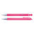 A set of two pink plastic pens with silver accents and distinct designs. One is retractable, while the other has a clip.
