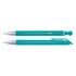 A teal plastic pen with a silver clip and tip, featuring a sleek design and a rounded end. It includes a logo.