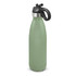 A drink bottle in matte green with a flip lid and black handle, featuring a metal band at the top.