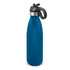 A drink bottle in matte blue with a black flip lid and a silver accent. It features a handle and a logo.