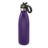 A drink bottle in a sleek purple finish with a black flip lid and handle, featuring a logo.