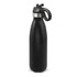 A drink bottle in matte black with a stainless steel lid and a flip-top spout, featuring a handle and logo.