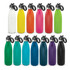 A drink bottle collection featuring various colours, including white, yellow, orange, pink, green, and purple, with flip lids and logos.