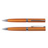 A pair of Gemini Metallic Pens in an orange metallic finish, featuring sleek designs and silver accents.