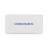 A white power bank with a logo on the front, featuring indicator lights for battery status.