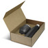 A black drink bottle and a black cup in an open cardboard gift box. The box is plain and features a logo.