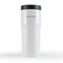 A drink bottle in white with a black lid and a simple logo, designed for travel mug use.