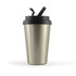 A drink bottle with a sleek stainless steel body and a black lid featuring a flip-top opening.