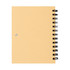 A spiral-bound notebook with a plain beige cover and a silver metal ring on the side. It has a branding logo.