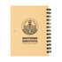 A yellow spiral-bound notebook featuring a logo on the cover. The notebook has a textured finish and is blank within.