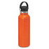 A drink bottle in vibrant orange with a black carry lid and a sleek stainless steel section. It features a logo.
