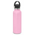 A drink bottle in a matte pink finish with a black carry lid and a silver accent. Features a logo.