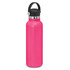 A drink bottle in vibrant pink with a black carry lid and a metallic band near the top. It features a logo.