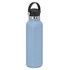 A drink bottle in light blue with a silver rim and a black carrying lid. It features a logo.