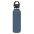 A drink bottle in a deep blue matte finish with a carrying lid and a metal accent. Features a logo on the side.