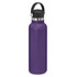 A drink bottle in a rich purple hue with a black carry lid and metallic accents. It features a branded logo.