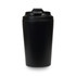 A reusable coffee cup in matte black with a secure lid and a single logo. Ideal for hot beverages.