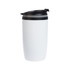 A reusable coffee cup with a white body and a black lid, designed for hot beverages.