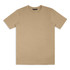 A beige unisex T-shirt with a round neckline and short sleeves, featuring a logo on the label.