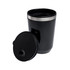 A reusable coffee cup featuring a sleek black design with a stainless steel band and a removable lid.
