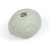 A white brain-shaped stress ball with a logo on the surface, designed for stress relief and fun.