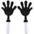 A pair of black hand-shaped clappers with white handles, designed for creating noise and visual appeal.
