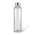 A drink bottle made of clear glass with a metallic silver lid and a minimalist design.