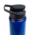 A drink bottle in vibrant blue with a black free flow lid and a sturdy handle. It features a branding logo.