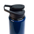 A drink bottle in navy blue with a black free flow lid and a handle for easy carrying.