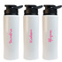 A drink bottle with a sleek white design and a black flip lid, featuring decorative names in pink.