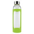 A drink bottle with a transparent glass body and a bright green silicone sleeve, featuring a metal cap.