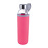 A drink bottle with a clear glass body and a pink neoprene sleeve, featuring a silver cap and a carrying loop.