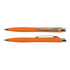 An orange plastic pen with a sleek design and silver accents, featuring a clip for easy attachment.