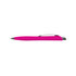A pink plastic pen with a silver clip and a sleek design. It features a branding logo on its side.