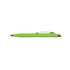 A green plastic pen with a silver clip, featuring a smooth, sleek design and a branding logo.