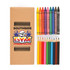 A crayon and colored pencil set in a box, featuring vibrant colors like red, orange, yellow, green, and purple.