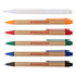 A selection of five pens in various colors: orange, green, blue, red, and black, alongside a white pen, all with branding.