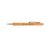 A bamboo pen featuring a silver clip with a logo on the barrel, showcasing a natural wood finish.