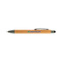 A bamboo pen and stylus with a silver tip and a clip, featuring a logo on the barrel.