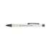 A white pen with a black tip and clip, featuring a logo on its side.