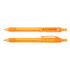 Two orange plastic pens are displayed, featuring a transparent design and one with a clip. Both have a logo.