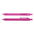 Two pink plastic pens made from recycled PET bottles, featuring a clip and transparent design.