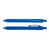 A blue pen, made from recycled PET plastic bottles, featuring a clip and a rounded tip. It has a logo.