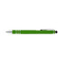 A green pen and stylus with silver accents and a black tip, featuring a branding logo.