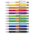 A collection of colourful metal pens in various shades including white, yellow, orange, purple, green, and blue, each with a logo.