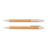 Two bamboo pens with natural bamboo bodies and light-colored plastic grips, featuring a branding logo.